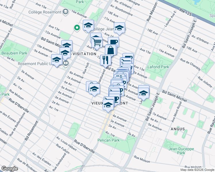 map of restaurants, bars, coffee shops, grocery stores, and more near 5543 8e Avenue in Montréal