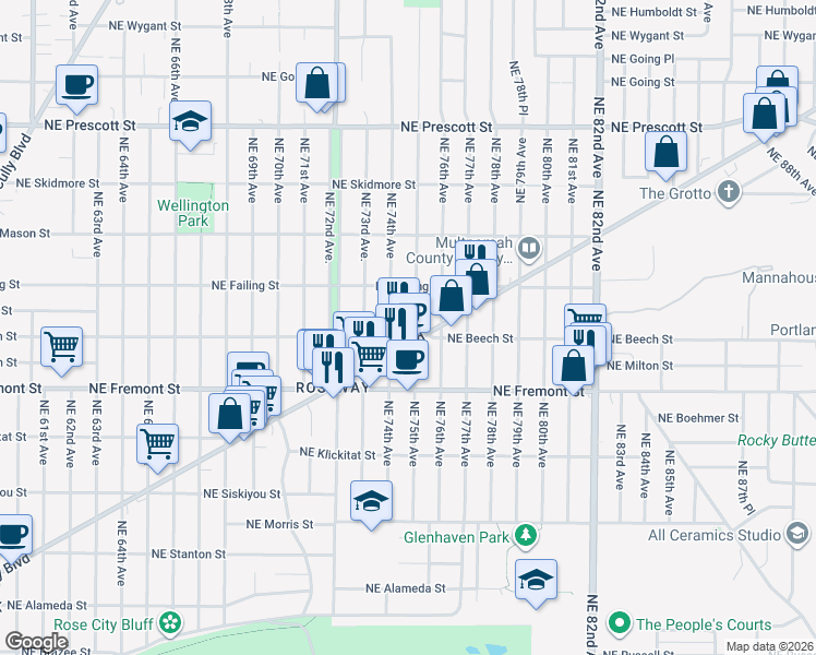 map of restaurants, bars, coffee shops, grocery stores, and more near 3813 Northeast 75th Avenue in Portland