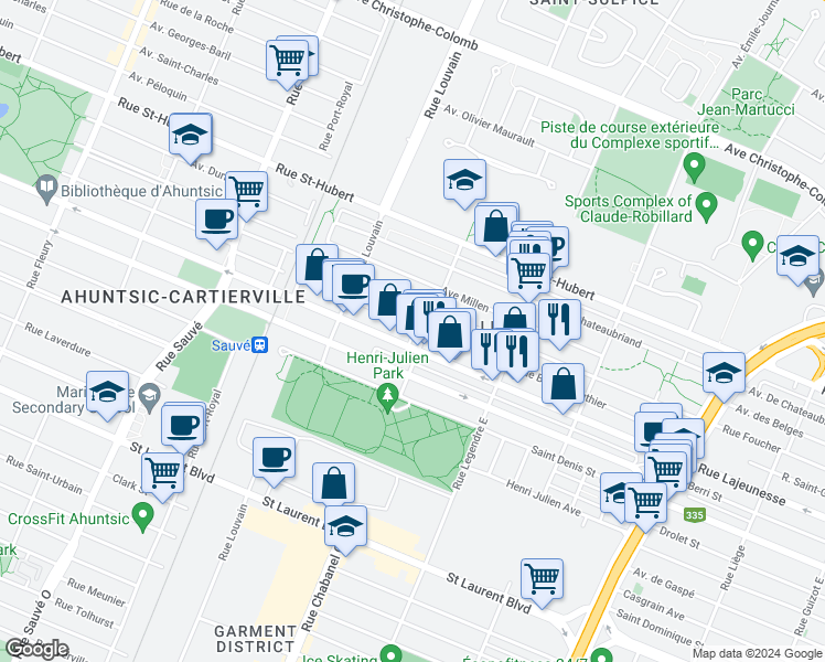 map of restaurants, bars, coffee shops, grocery stores, and more near 9318 Rue Basile-Routhier in Montréal