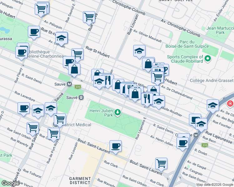 map of restaurants, bars, coffee shops, grocery stores, and more near 9379 Rue Lajeunesse in Montréal