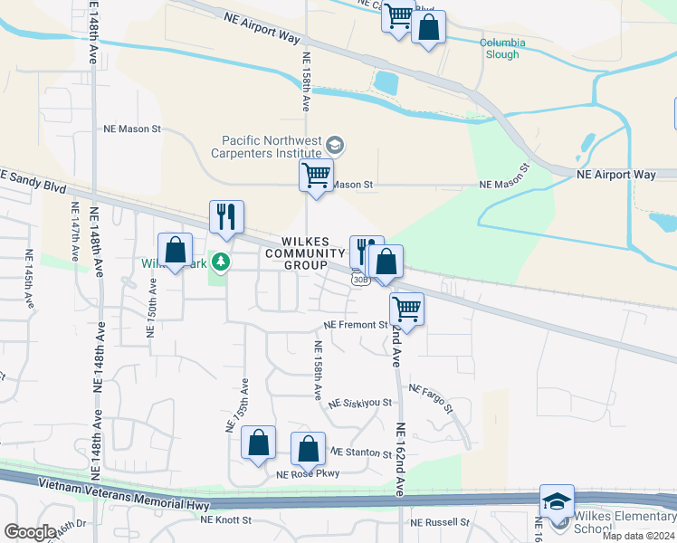 map of restaurants, bars, coffee shops, grocery stores, and more near 15934 Northeast Sandy Boulevard in Portland