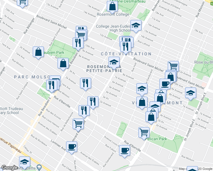 map of restaurants, bars, coffee shops, grocery stores, and more near Boulevard Rosemont in Montréal