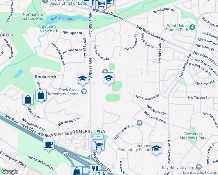 map of restaurants, bars, coffee shops, grocery stores, and more near 4200 Northwest 185th Avenue in Portland
