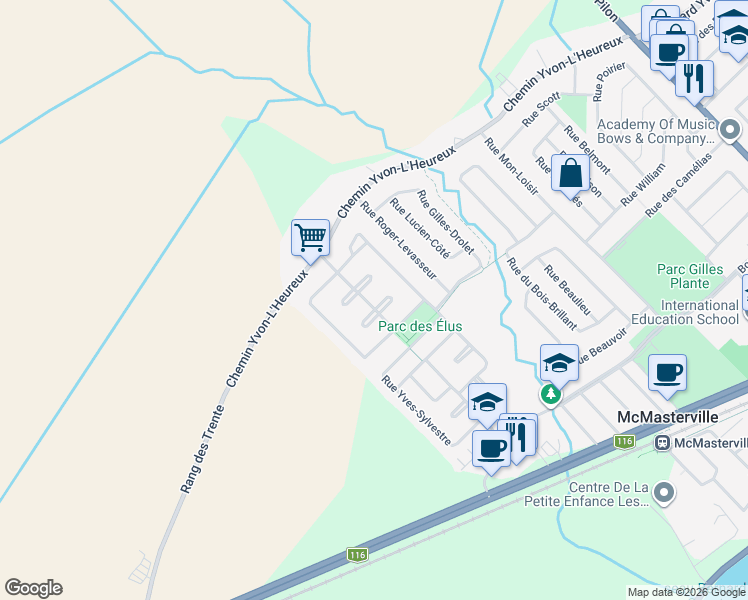 map of restaurants, bars, coffee shops, grocery stores, and more near 945 Place Mervin-Walter in McMasterville