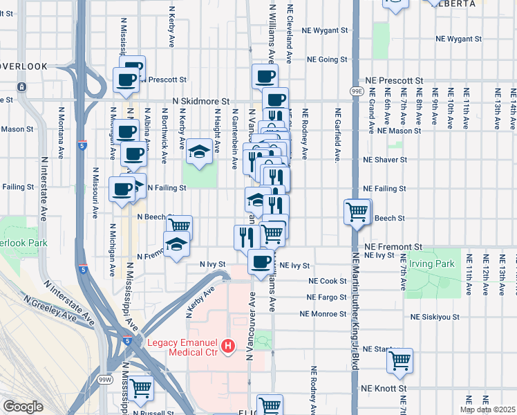 map of restaurants, bars, coffee shops, grocery stores, and more near 3724 North Vancouver Avenue in Portland