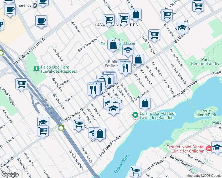 map of restaurants, bars, coffee shops, grocery stores, and more near 112 Avenue Mariale in Laval