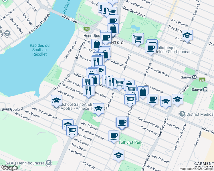 map of restaurants, bars, coffee shops, grocery stores, and more near 10595 Boulevard Saint-Laurent in Montréal