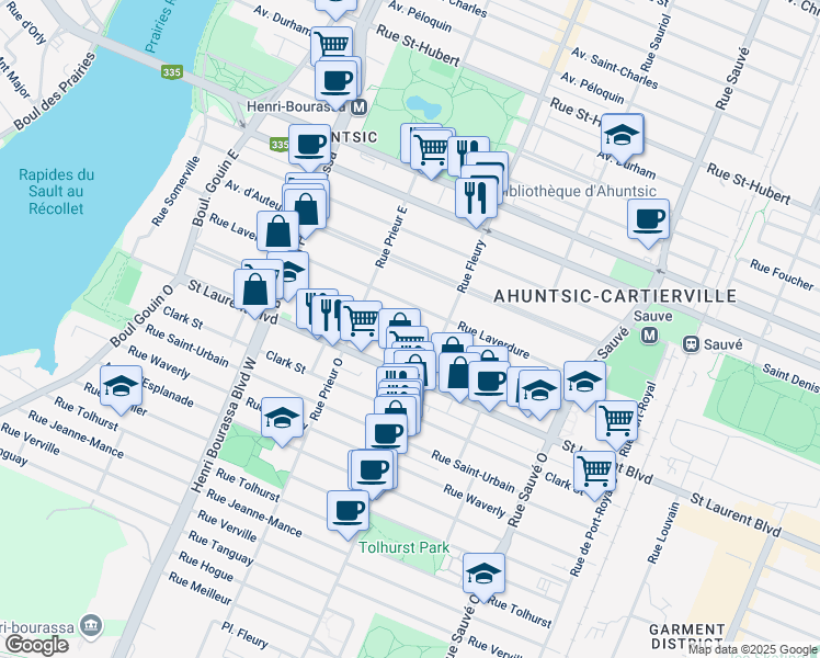 map of restaurants, bars, coffee shops, grocery stores, and more near 10345 Grande Allée in Montréal