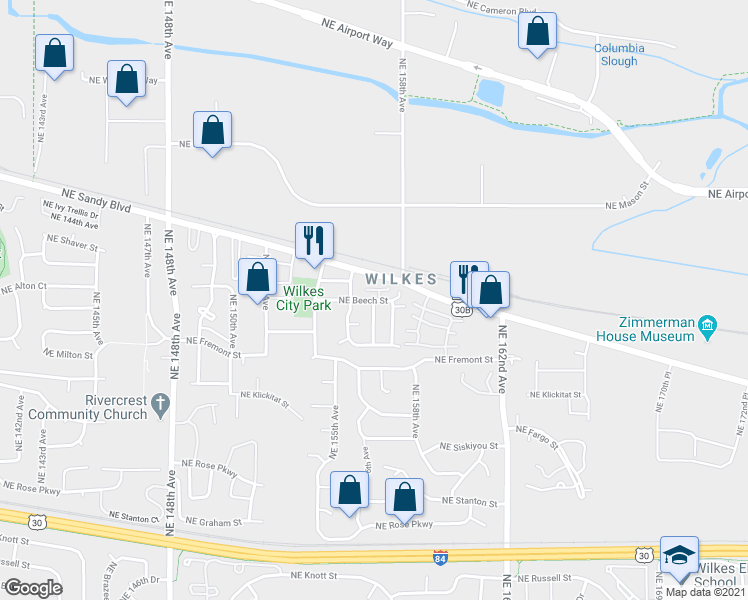 map of restaurants, bars, coffee shops, grocery stores, and more near Northeast Beech Street & Northeast 157th Avenue in Portland