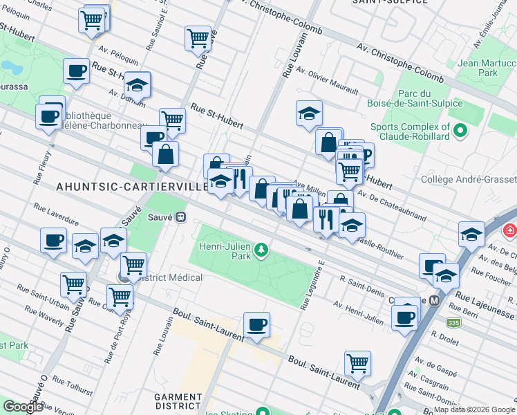 map of restaurants, bars, coffee shops, grocery stores, and more near 9391 Rue Lajeunesse in Montréal