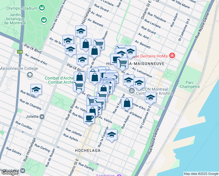 map of restaurants, bars, coffee shops, grocery stores, and more near 4047 Rue Ontario East in Montréal