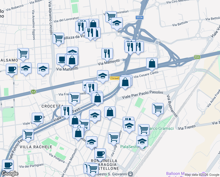 map of restaurants, bars, coffee shops, grocery stores, and more near 20 Viale Friuli in Cinisello Balsamo