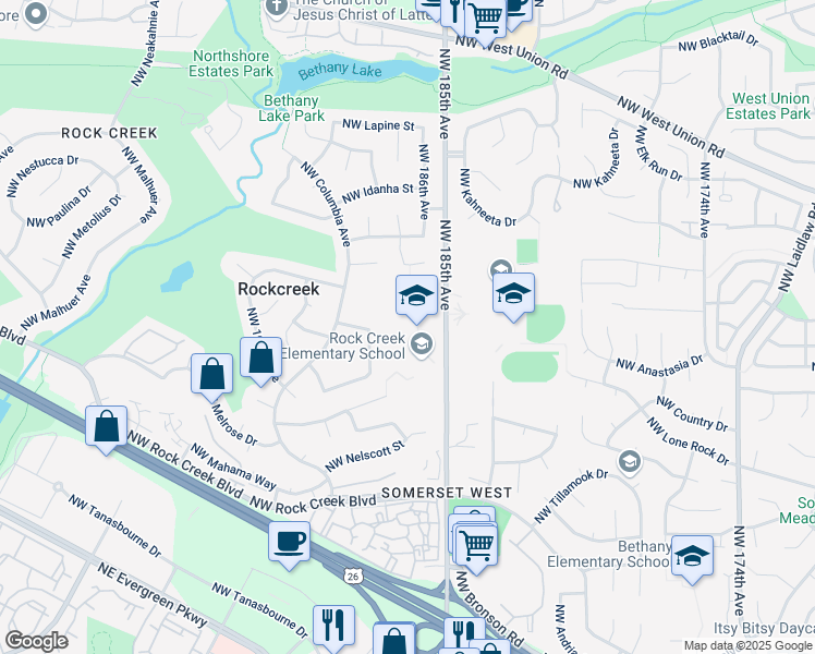 map of restaurants, bars, coffee shops, grocery stores, and more near 4125 Northwest 185th Avenue in Portland