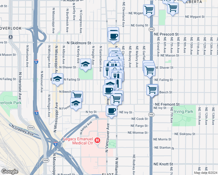 map of restaurants, bars, coffee shops, grocery stores, and more near 3828 North Gantenbein Avenue in Portland