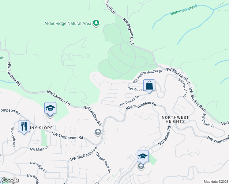 map of restaurants, bars, coffee shops, grocery stores, and more near 3942 Northwest Sunset Circle in Portland