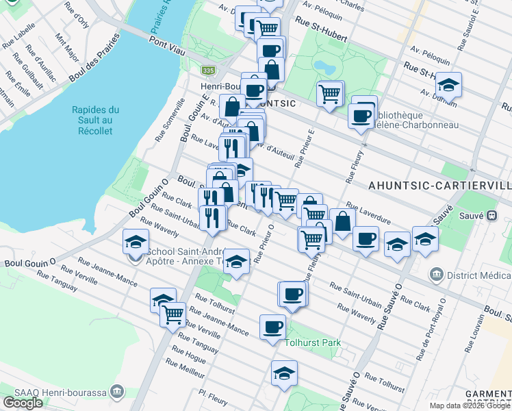 map of restaurants, bars, coffee shops, grocery stores, and more near 10599 Boulevard Saint-Laurent in Montréal