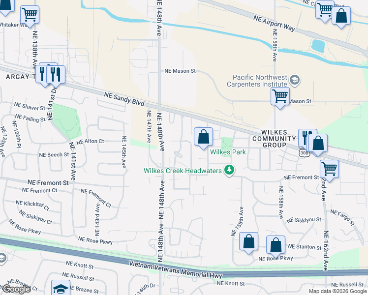 map of restaurants, bars, coffee shops, grocery stores, and more near 3716 Northeast 149th Avenue in Portland