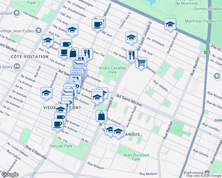 map of restaurants, bars, coffee shops, grocery stores, and more near 3311 Boulevard Saint-Joseph Est in Montrã©Al