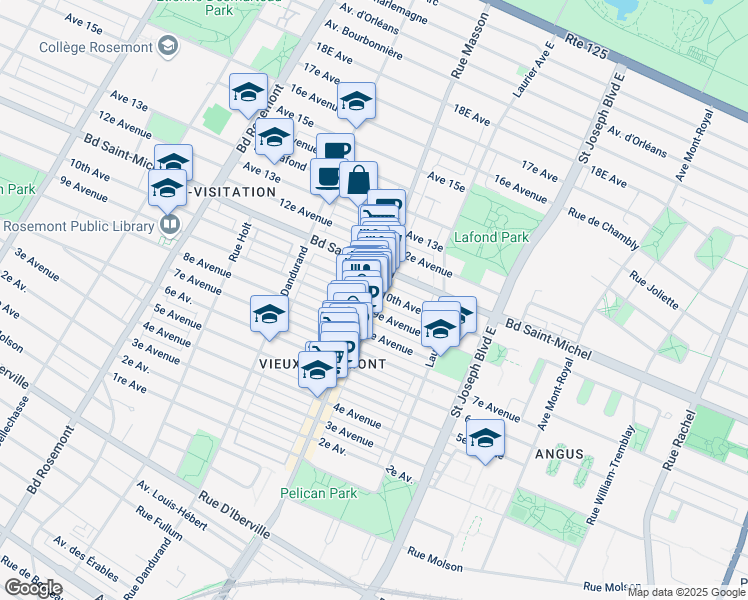 map of restaurants, bars, coffee shops, grocery stores, and more near 3245 Rue Masson in Montréal