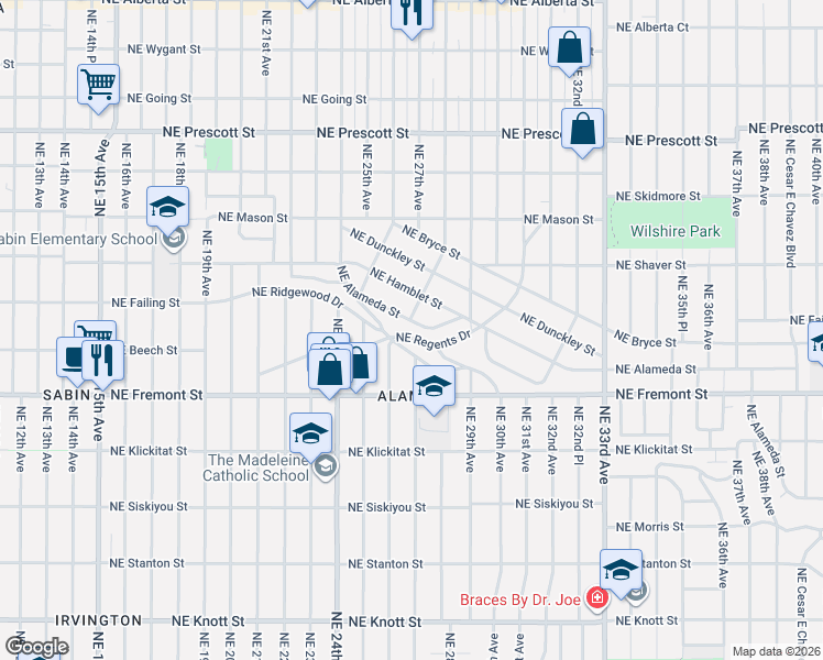 map of restaurants, bars, coffee shops, grocery stores, and more near 2806 Northeast Alameda Street in Portland