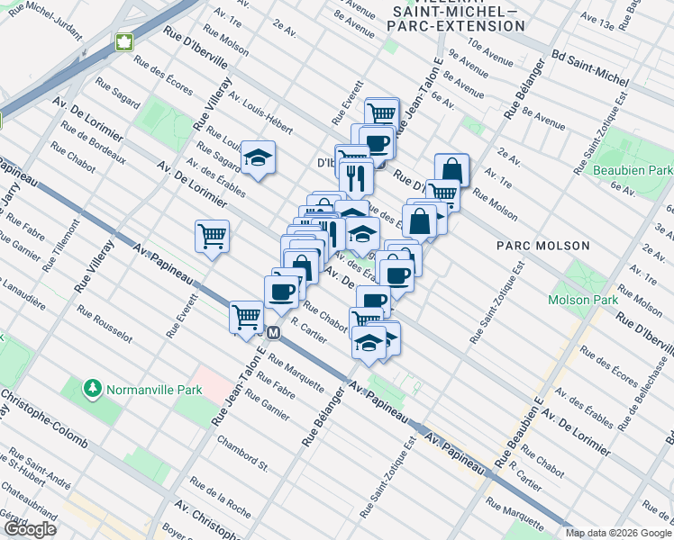 map of restaurants, bars, coffee shops, grocery stores, and more near 7103 Avenue De Lorimier in Montréal