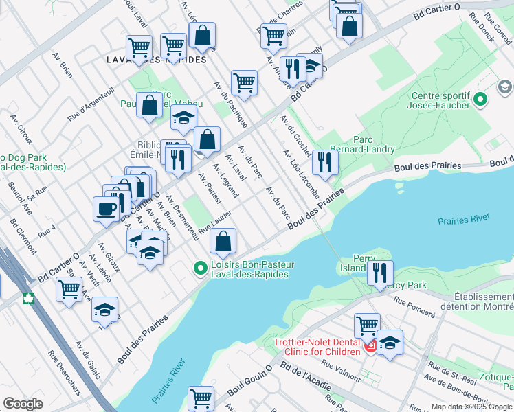 map of restaurants, bars, coffee shops, grocery stores, and more near 36 Avenue Laval in Laval