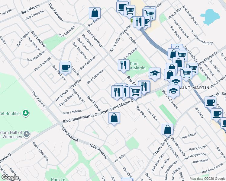 map of restaurants, bars, coffee shops, grocery stores, and more near 1860 Avenue Francoeur in Laval