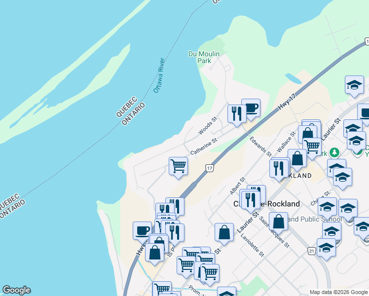 map of restaurants, bars, coffee shops, grocery stores, and more near 2101 Catherine Street in Clarence-Rockland