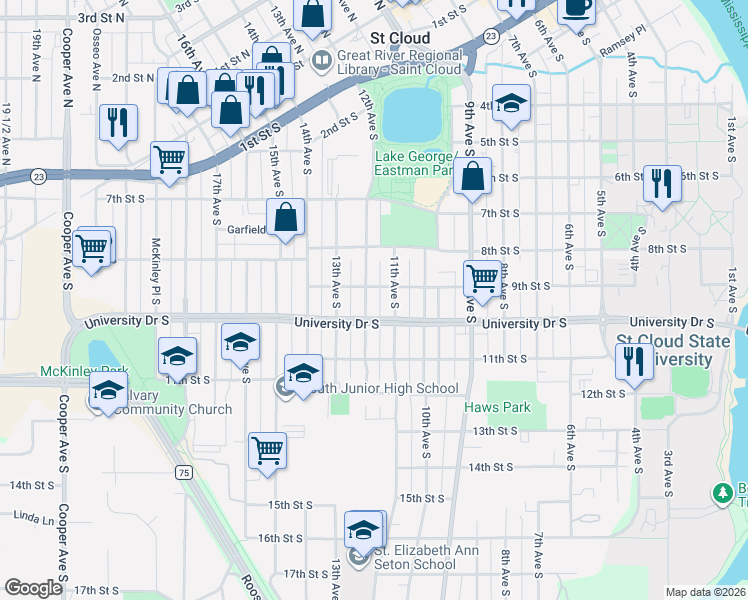 map of restaurants, bars, coffee shops, grocery stores, and more near 825 11th Avenue South in St. Cloud