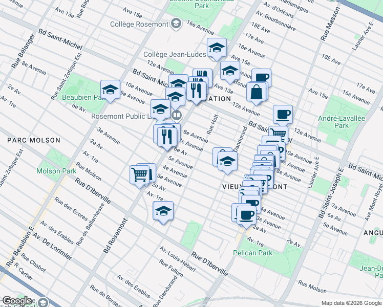 map of restaurants, bars, coffee shops, grocery stores, and more near 5783 6e Avenue in Montréal