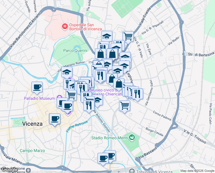 map of restaurants, bars, coffee shops, grocery stores, and more near Via San Domenico in Vicenza