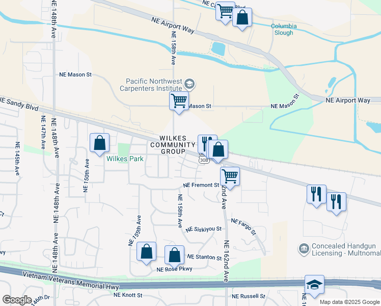 map of restaurants, bars, coffee shops, grocery stores, and more near Northeast Sandy Boulevard in Portland