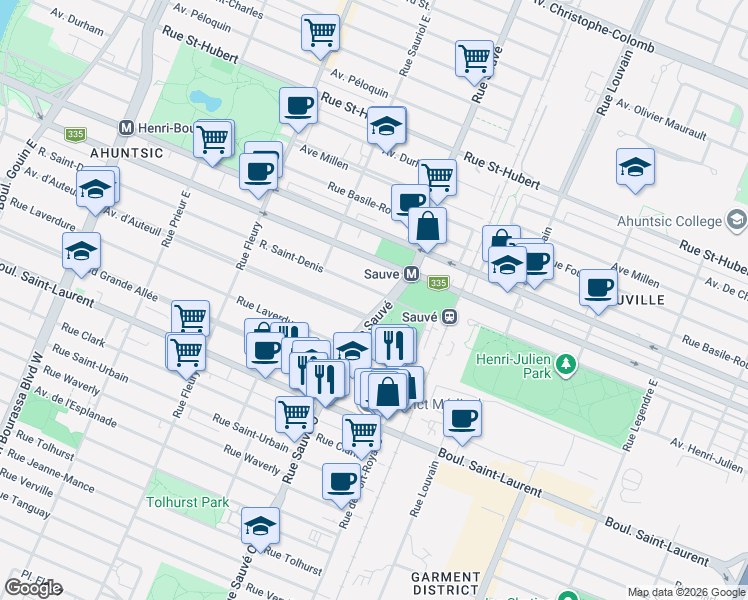 map of restaurants, bars, coffee shops, grocery stores, and more near 9824 Rue Saint-Denis in Montréal