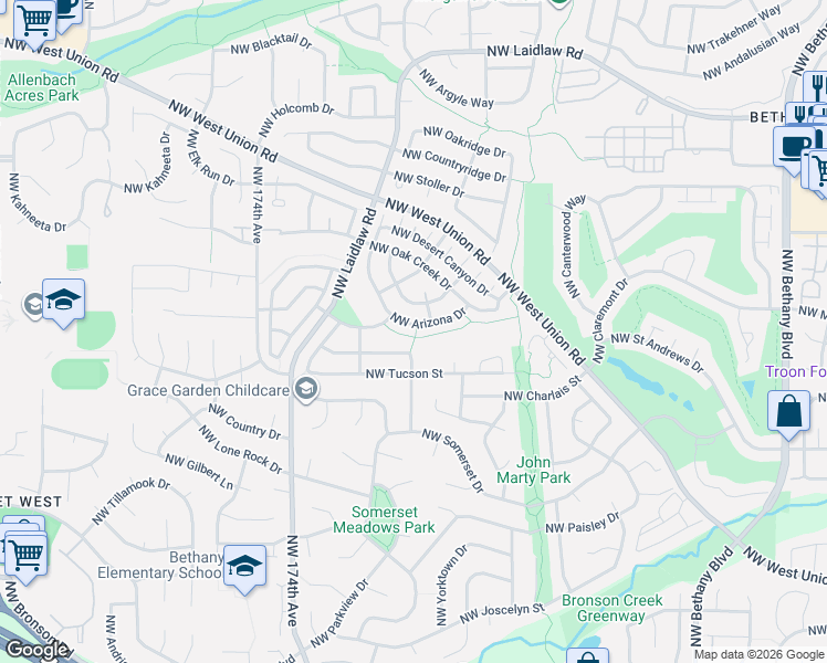 map of restaurants, bars, coffee shops, grocery stores, and more near 16740 Northwest Arizona Drive in Beaverton