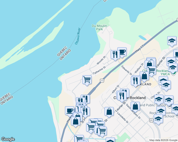 map of restaurants, bars, coffee shops, grocery stores, and more near 2205 Woods Street in Clarence-Rockland