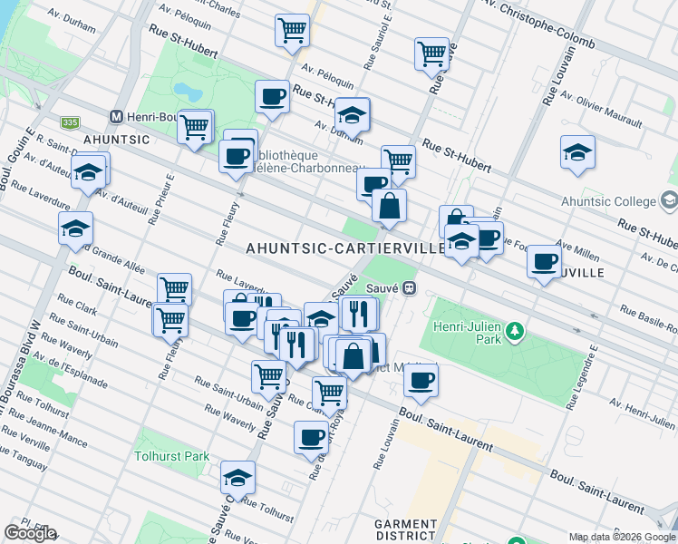 map of restaurants, bars, coffee shops, grocery stores, and more near 9824 Rue Saint-Denis in Montréal