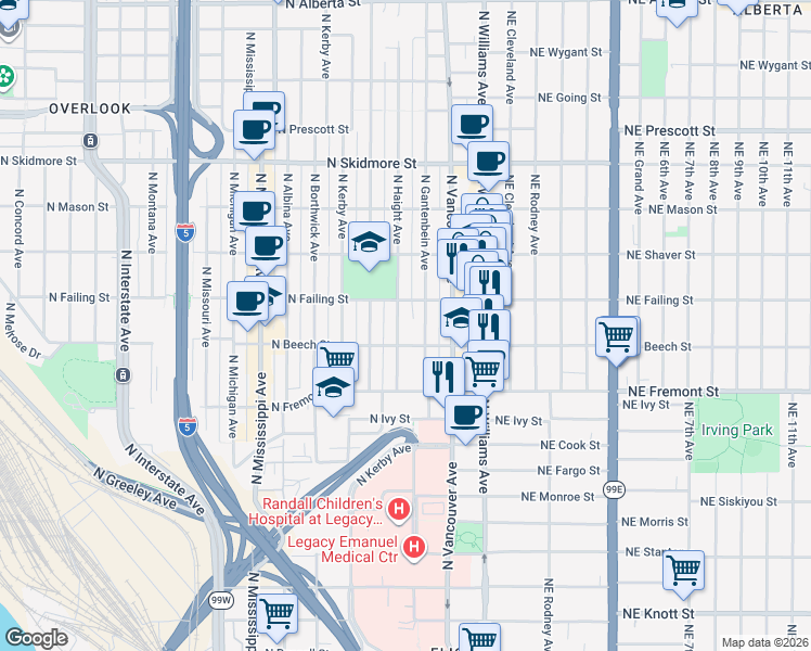 map of restaurants, bars, coffee shops, grocery stores, and more near 3804 North Haight Avenue in Portland