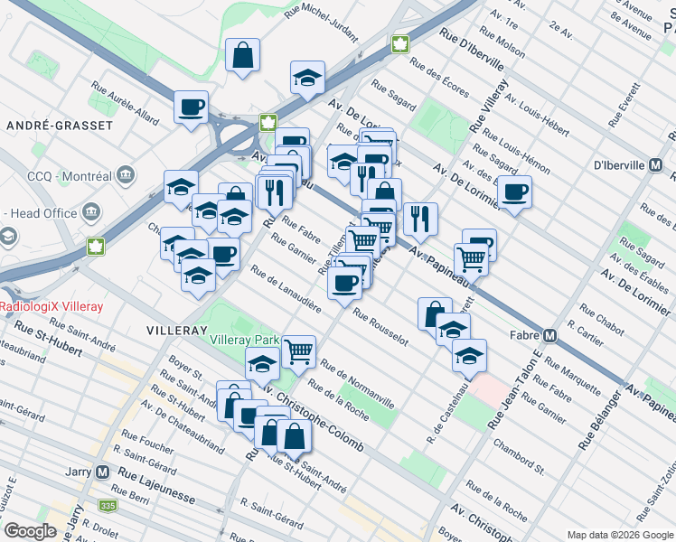 map of restaurants, bars, coffee shops, grocery stores, and more near 7875 Rue Garnier in Montréal
