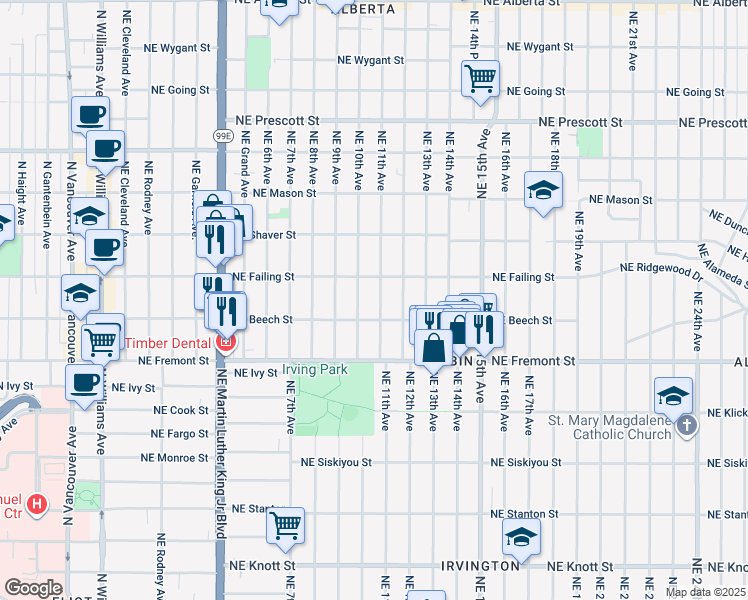 map of restaurants, bars, coffee shops, grocery stores, and more near 3825 Northeast 11th Avenue in Portland