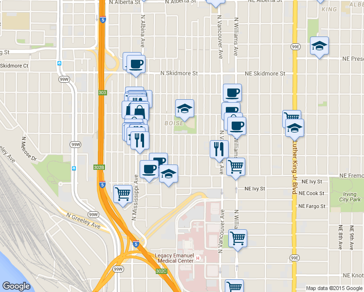map of restaurants, bars, coffee shops, grocery stores, and more near 3825 North Commercial Avenue in Portland