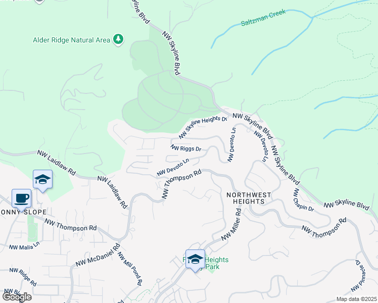 map of restaurants, bars, coffee shops, grocery stores, and more near 4030 Northwest Riggs Drive in Portland