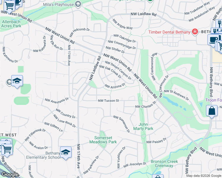 map of restaurants, bars, coffee shops, grocery stores, and more near 16761 Northwest Arizona Drive in Beaverton