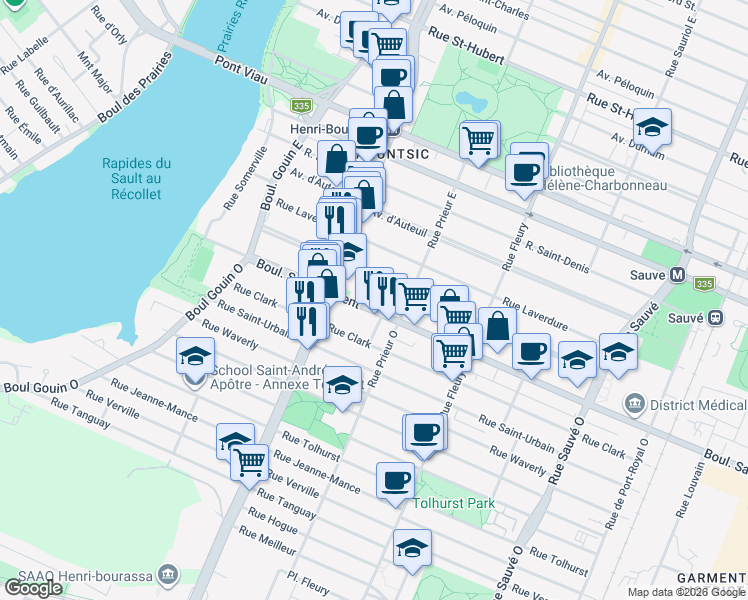 map of restaurants, bars, coffee shops, grocery stores, and more near 10595 Boulevard Saint-Laurent in Montréal