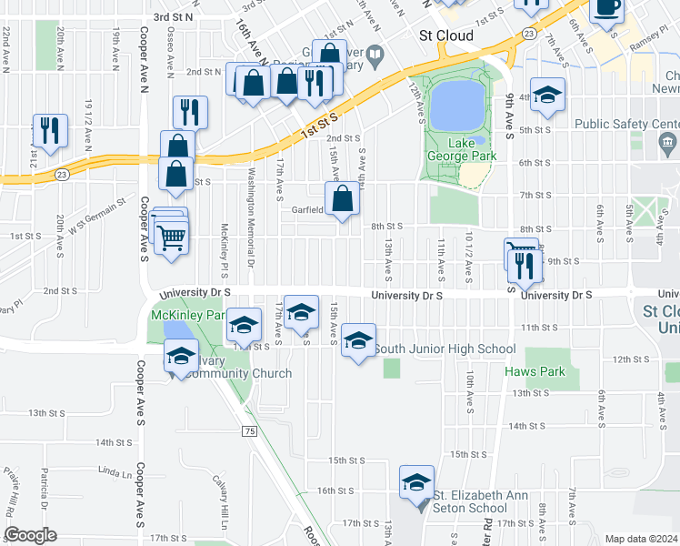 map of restaurants, bars, coffee shops, grocery stores, and more near 832 15th Avenue South in St. Cloud