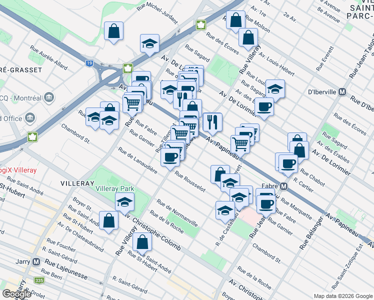 map of restaurants, bars, coffee shops, grocery stores, and more near 1554 Rue Villeray in Montréal