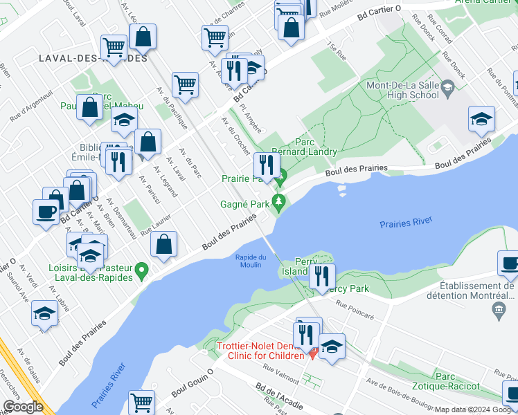 map of restaurants, bars, coffee shops, grocery stores, and more near 8 Avenue Léo-Lacombe in Laval