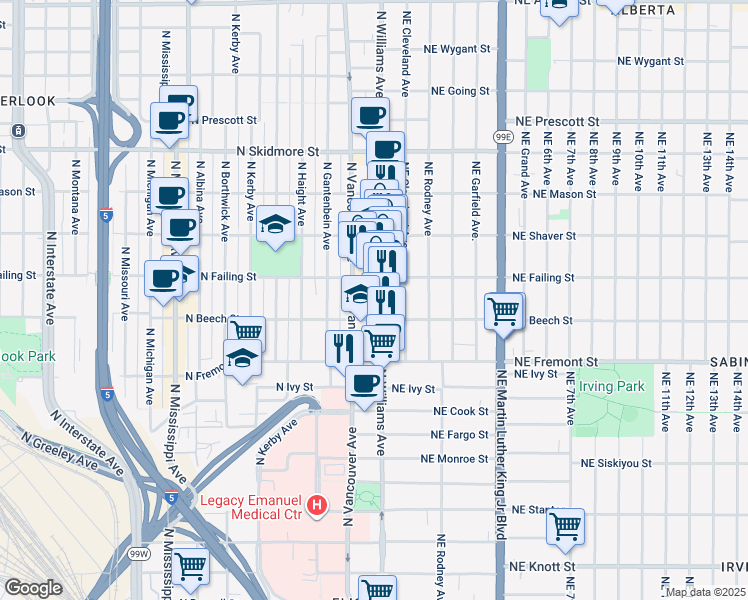 map of restaurants, bars, coffee shops, grocery stores, and more near 3836 North Vancouver Avenue in Portland