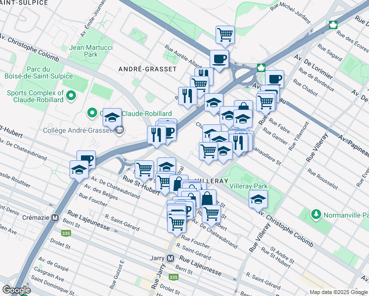 map of restaurants, bars, coffee shops, grocery stores, and more near 1121 Rue Mistral in Montréal