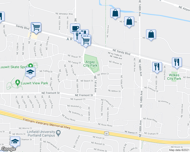 map of restaurants, bars, coffee shops, grocery stores, and more near NE 141st Ave & NE Alton Ct in Portland