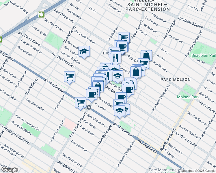map of restaurants, bars, coffee shops, grocery stores, and more near 7119 Avenue De Lorimier in Montréal